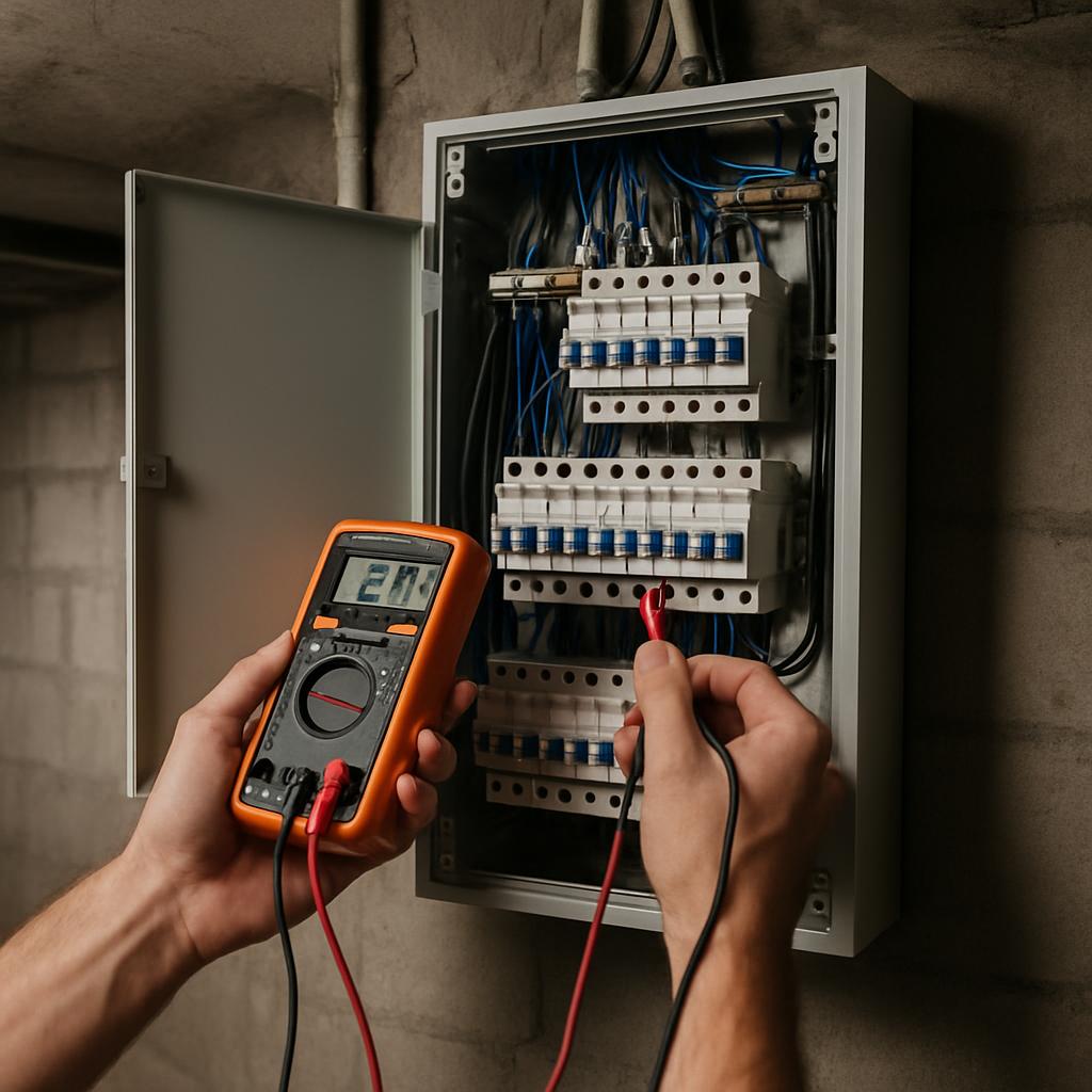 The alt text for the image is: "Elektricien controleert Glasplaat Relais - Switchboard".